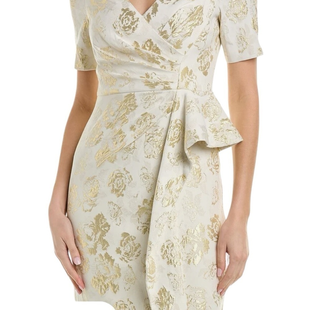 Aidan Mattox NWT V-Neck Pleated Bodice Jacquard Long Gown Ivory & Gold Sz 8 - Picture 5 of 15